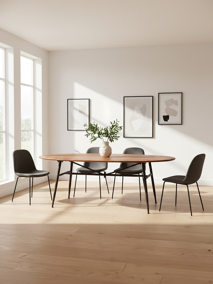 New Foundry Walnut Wood and Black Metal Oval Dining Table