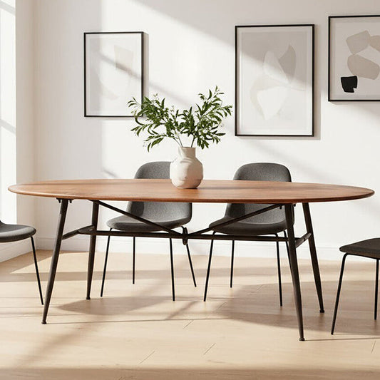Walnut Wood and Black Metal Oval Dining Table