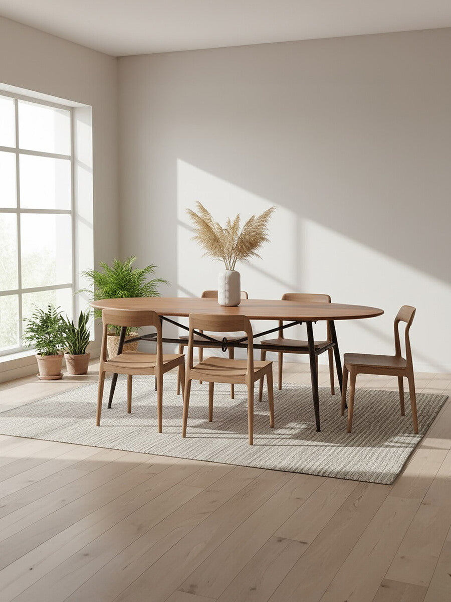 New Foundry Walnut Wood and Black Metal Oval Dining Table