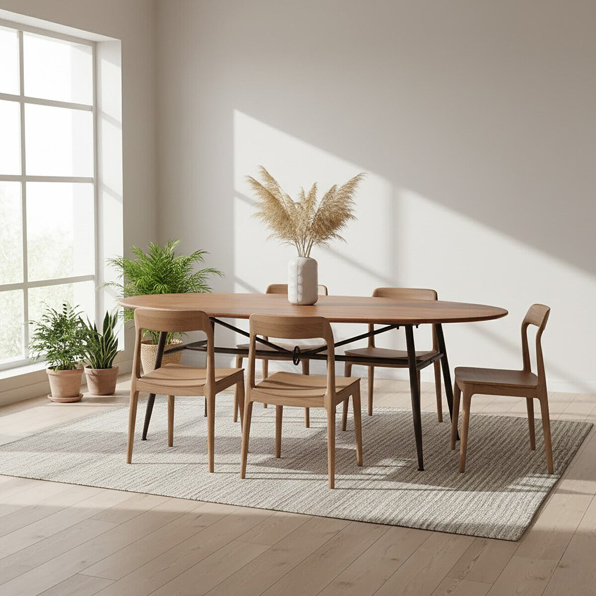 New Foundry Walnut Wood and Black Metal Oval Dining Table
