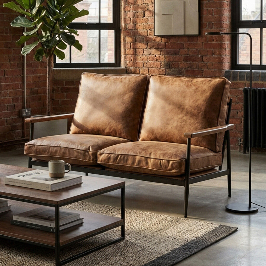 New Foundry Brown Leather Effect 2 Seater Sofa