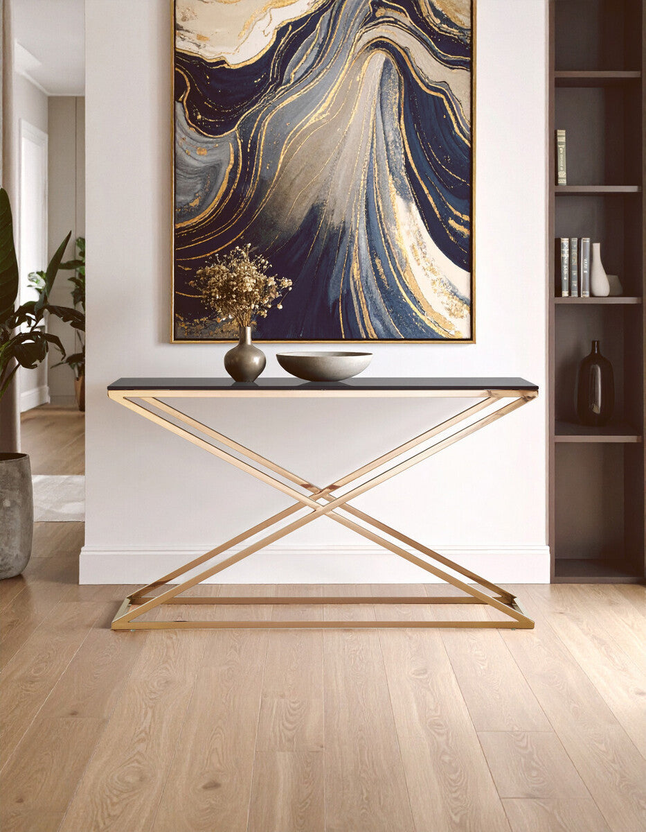 Montril Smoked Glass and Gold Finish Criss Cross Console Table