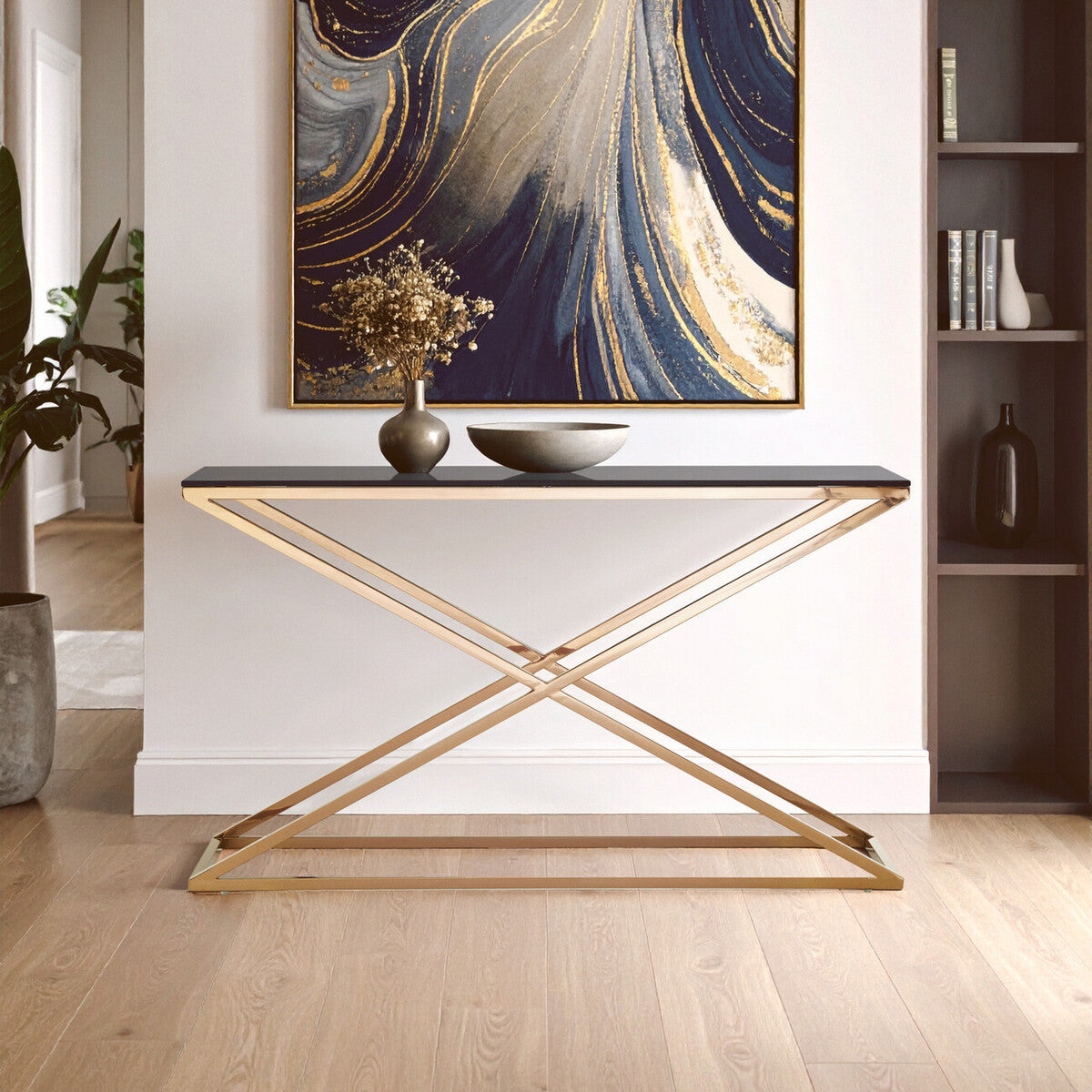 Montril Smoked Glass and Gold Finish Criss Cross Console Table