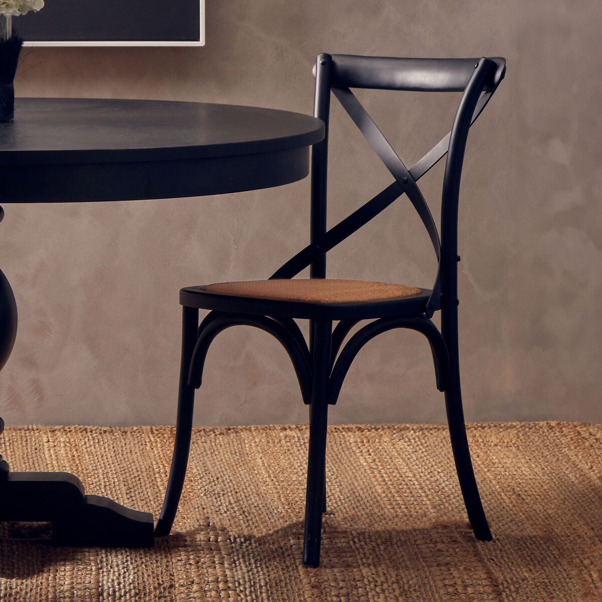 Lyon Black Oak Wood Dining Chair with Rattan Seat