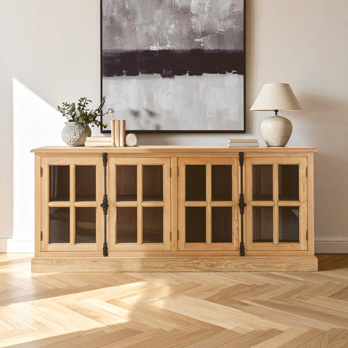 Lyon Grey Wash Oak Wood Sideboard with Glass Doors