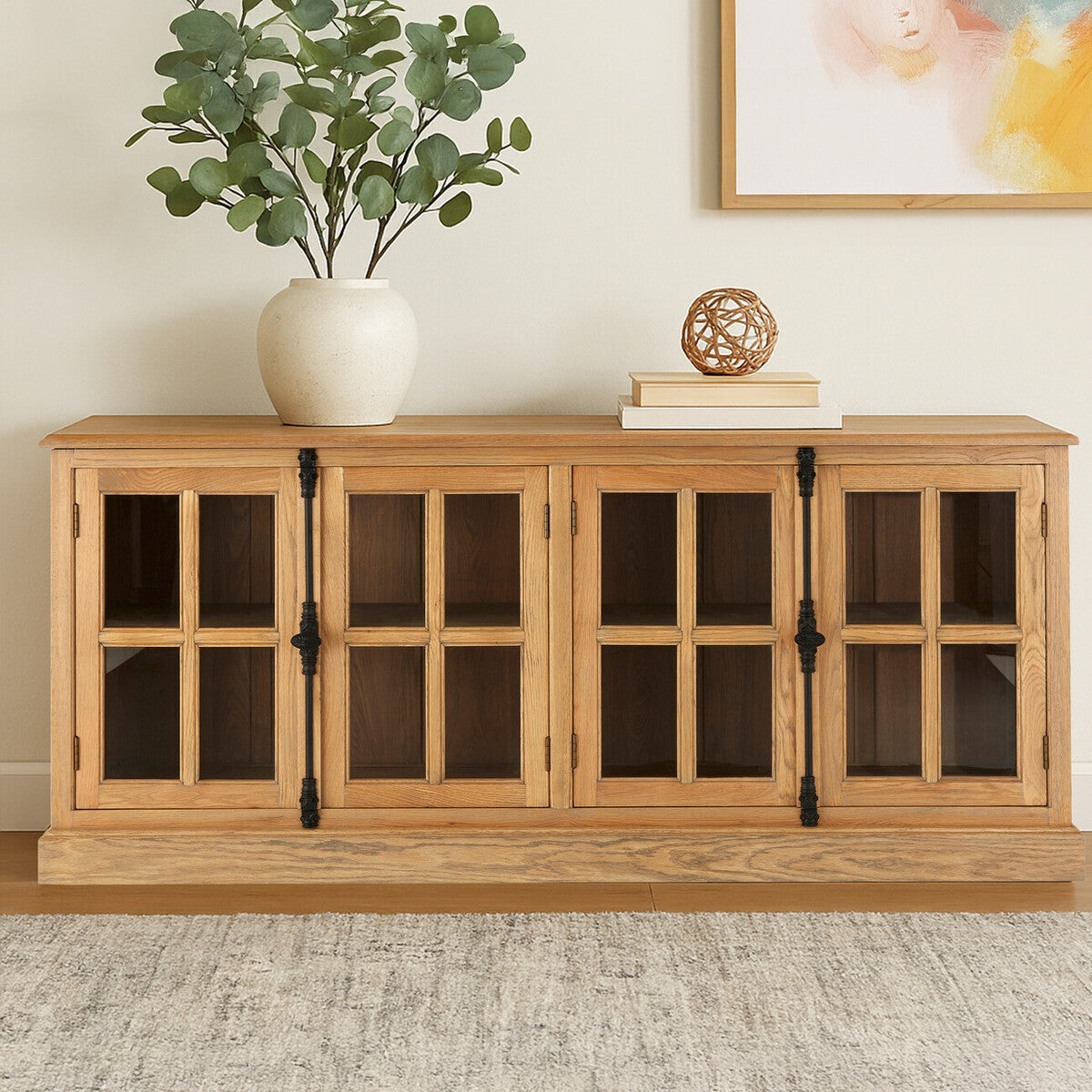 Lyon Grey Wash Oak Wood Sideboard with Glass Doors