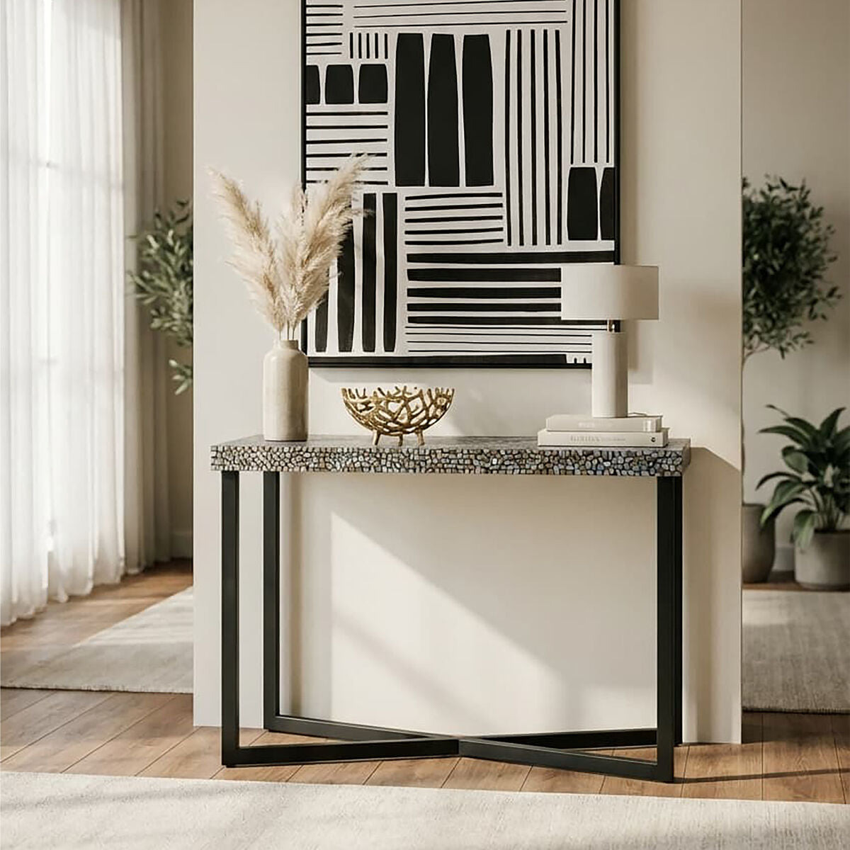 Fusion Black Crackle Shell Mosaic Console Table