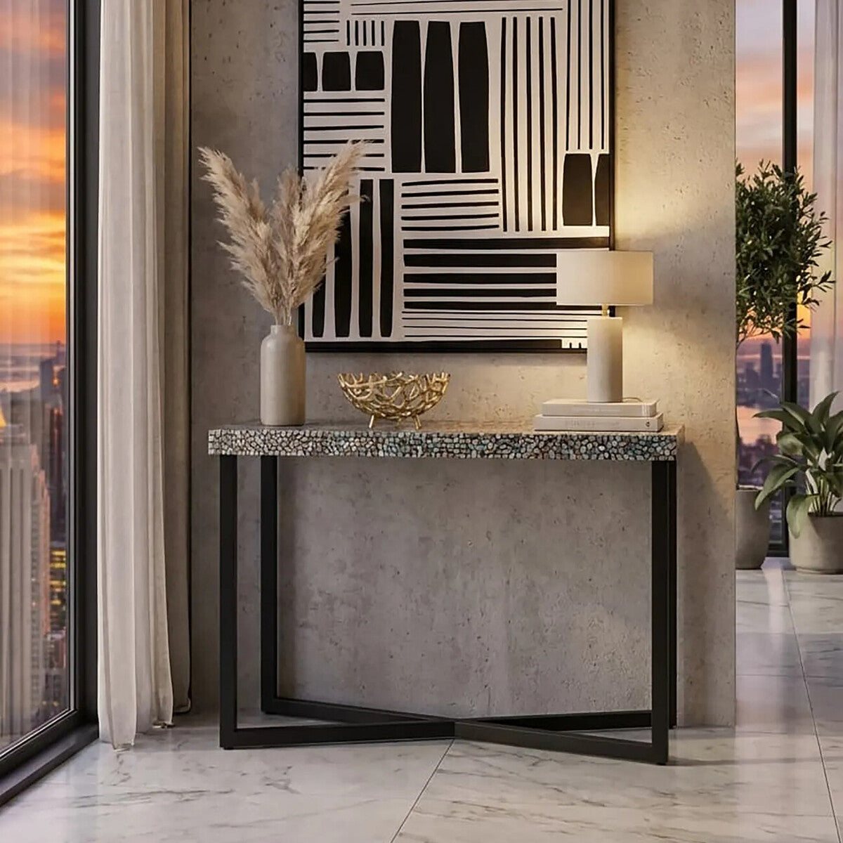 Fusion Black Crackle Shell Mosaic Console Table