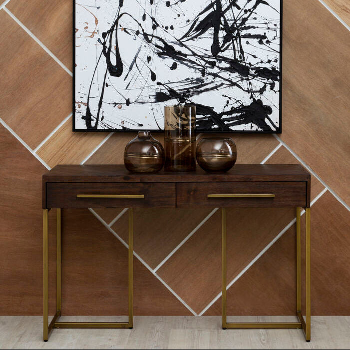 Brando Acacia Veneer Console Table with Antique Brass Finish Frame