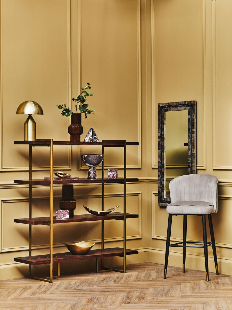 Brando Acacia Veneer 4 Tier Shelf Unit with Antique Brass Frame