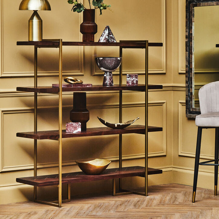Brando Acacia Veneer 4 Tier Shelf Unit with Antique Brass Frame