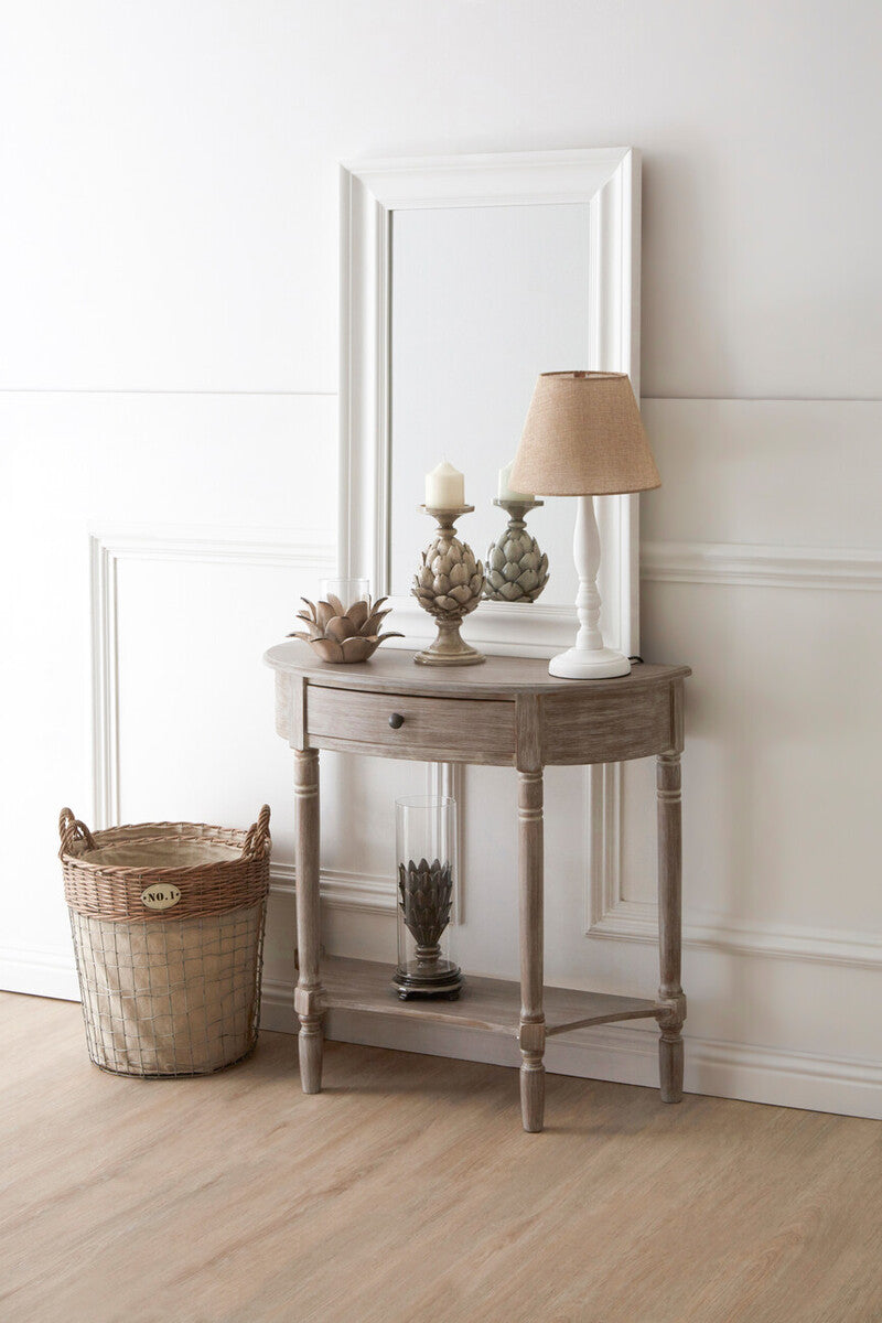 Heritage Natural Wash Wooden Half Moon 1 Drawer Console Table with Lower Shelf