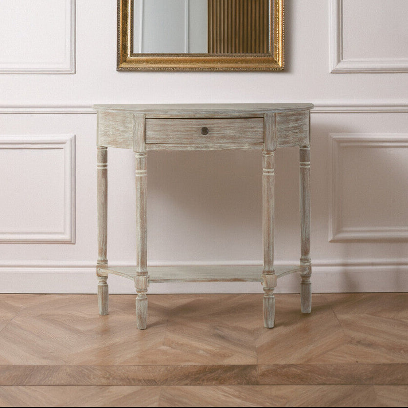 Heritage Natural Wash Wooden Half Moon 1 Drawer Console Table with Lower Shelf