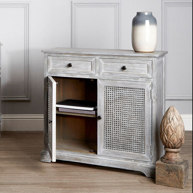 Heritage Grey Wash Wooden and Rattan 2 Door Sideboard with Drawers