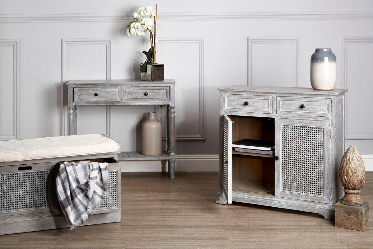 Heritage Grey Wash Wooden and Rattan 2 Door Sideboard with Drawers