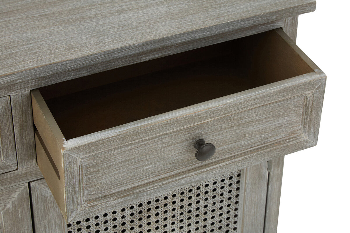 Heritage Grey Wash Wooden and Rattan 2 Door Sideboard with Drawers