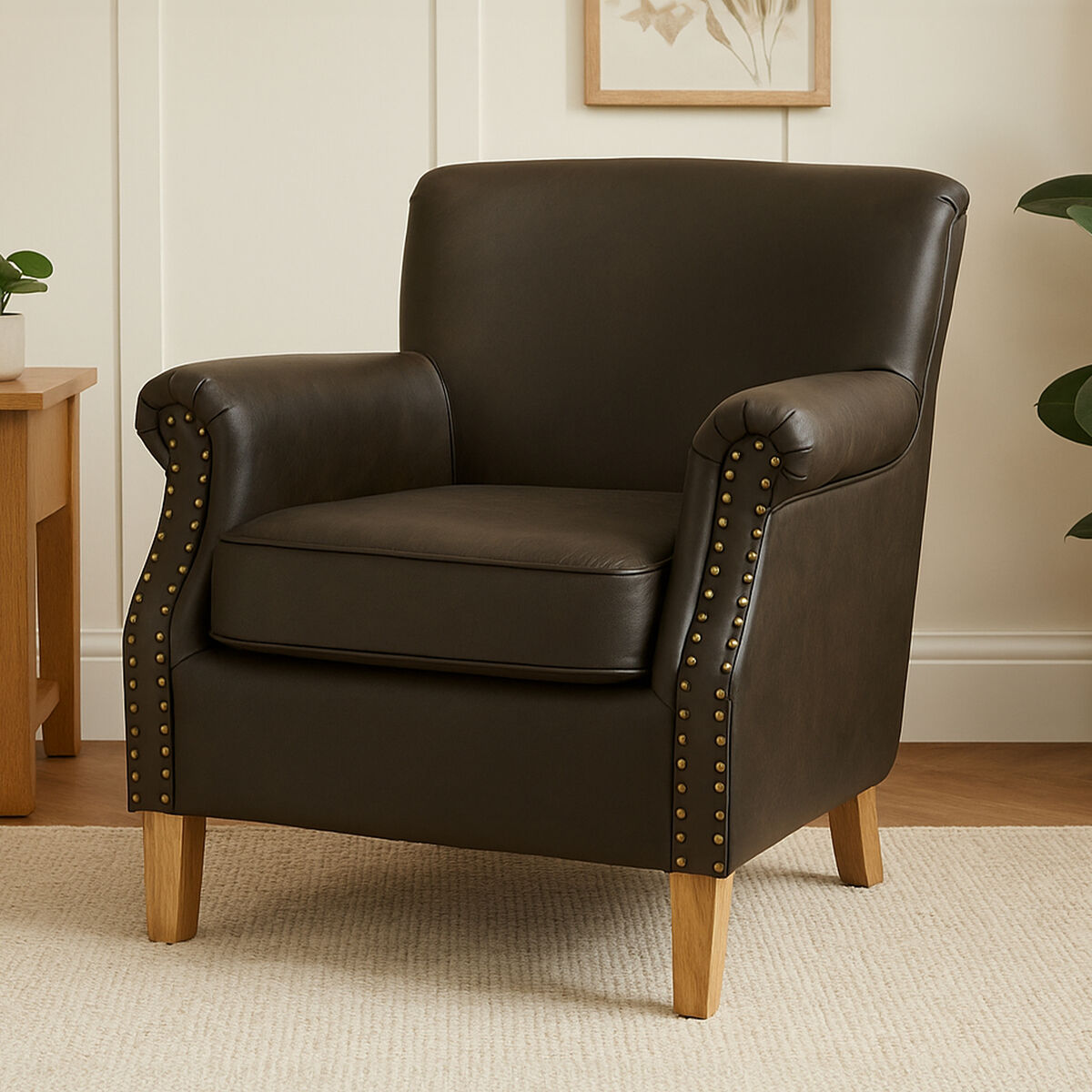 Trinity Brown Leather Effect Armchair with Stud Detail