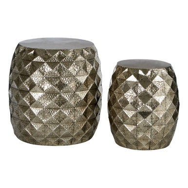 Antique Silver Finish Hammered Set of 2 Drum Style Stools and Side Tables