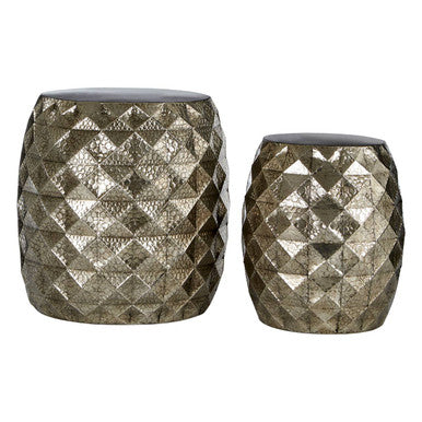 Antique Silver Finish Hammered Set of 2 Drum Style Stools and Side Tables
