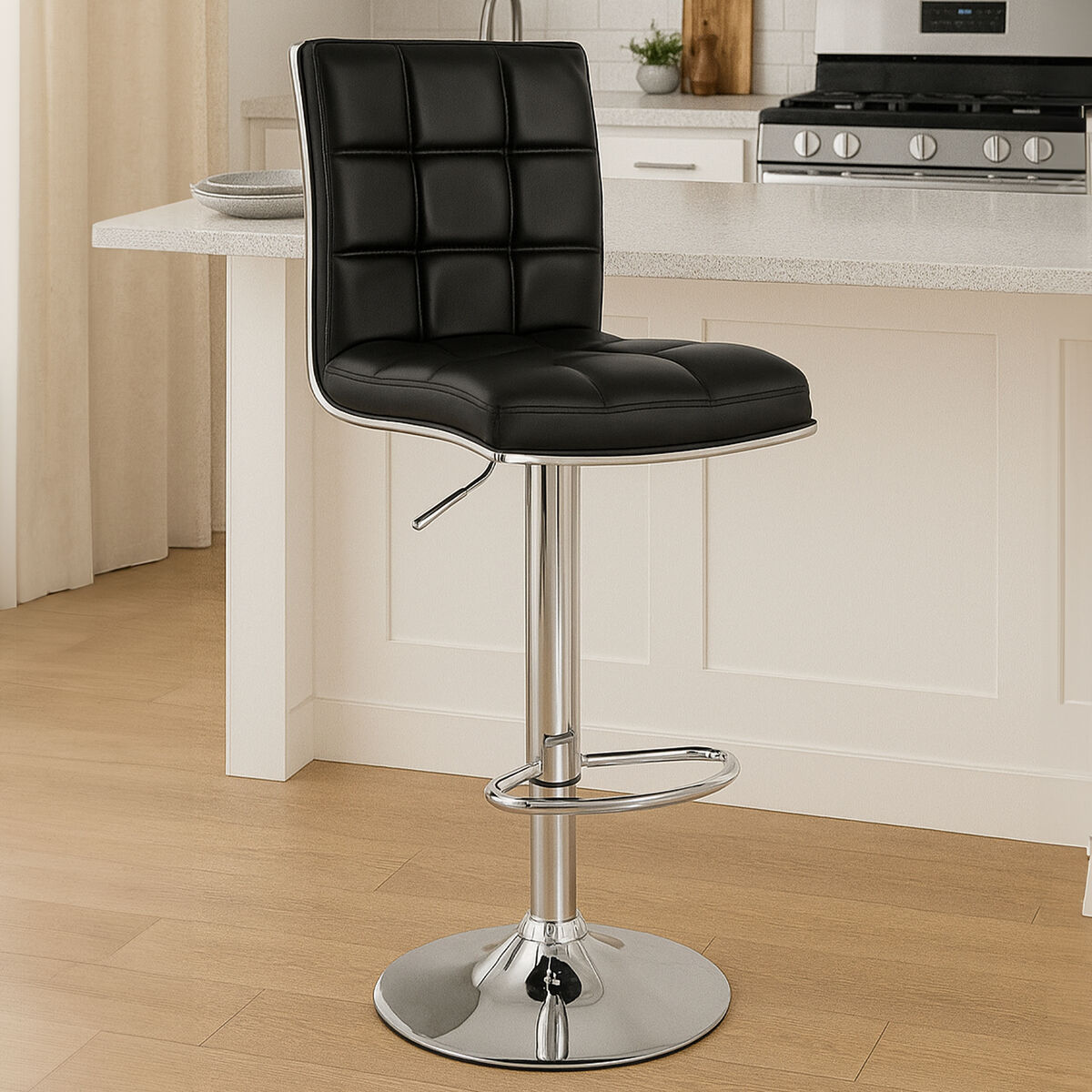 Tavor Black Quilted Faux Leather Adjustable Bar Chair