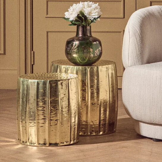 Antique Brass Finish Set of 2 Side Tables and Stools