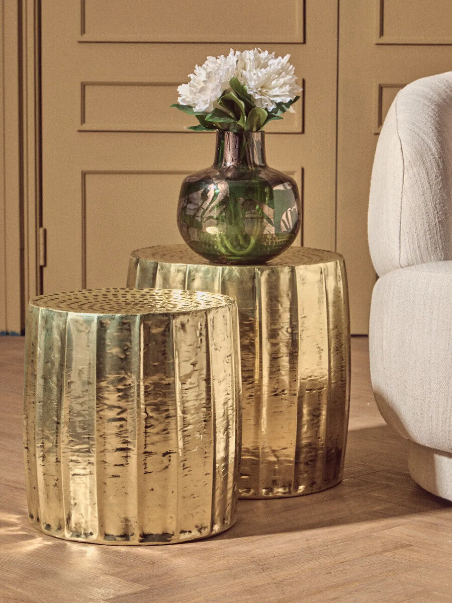 Antique Brass Finish Set of 2 Side Tables and Stools