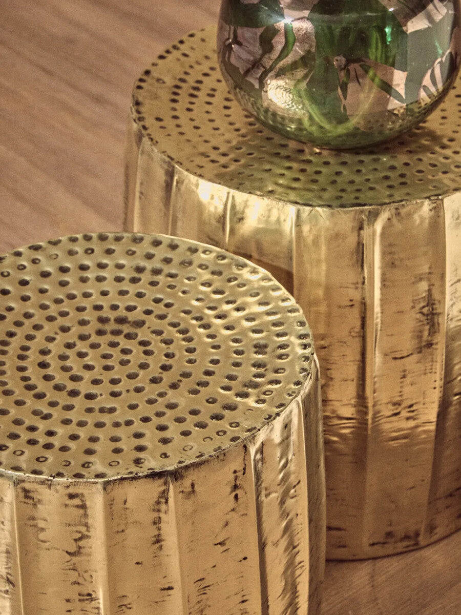 Antique Brass Finish Set of 2 Side Tables and Stools