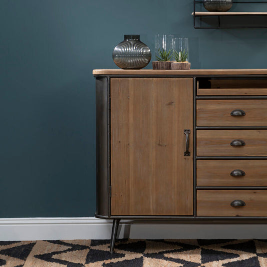 Natural Wooden and Metal 4 Drawer Sideboard