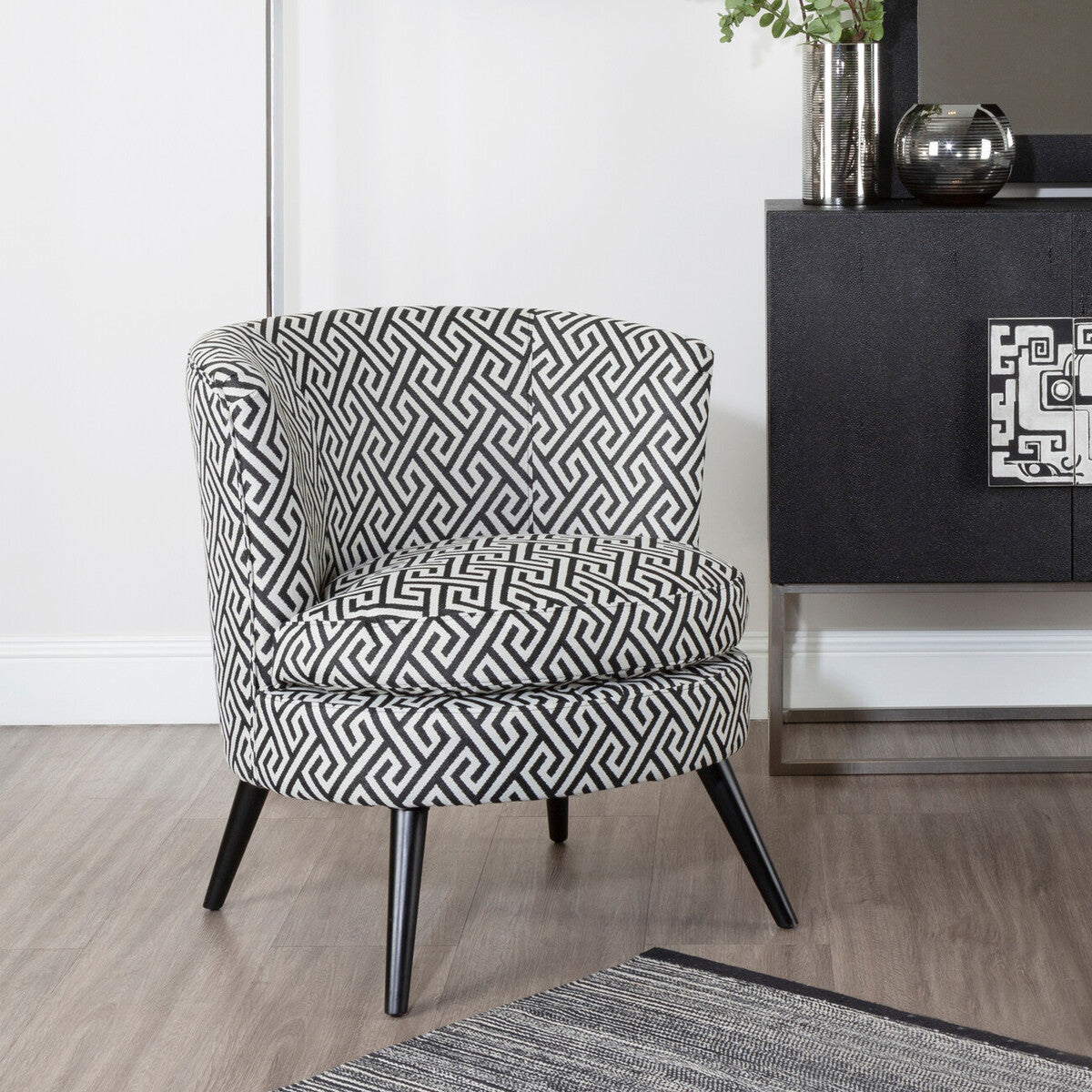 Regents Park Black and Beige Greek Key Fabric Design Round Accent Chair
