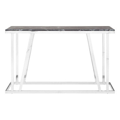Black Marble Top Console Table with Reflective Silver Finish Stainless Steel Frame | Ackley