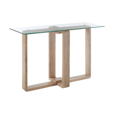 Barton Clear Glass Console Table with Wood Effect Legs