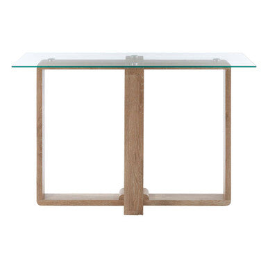 Barton Clear Glass Console Table with Wood Effect Legs