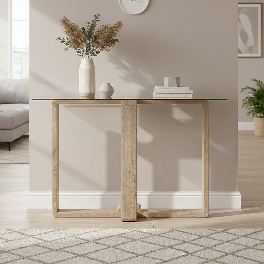 Barton Clear Glass Console Table with Wood Effect Legs