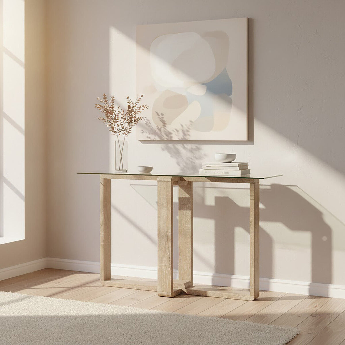 Barton Clear Glass Console Table with Wood Effect Legs