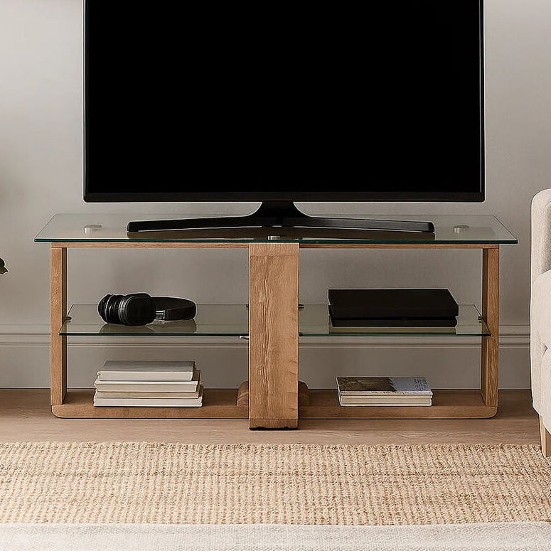 Barton Clear Glass 2 Tier Media Unit with Wood Effect Legs