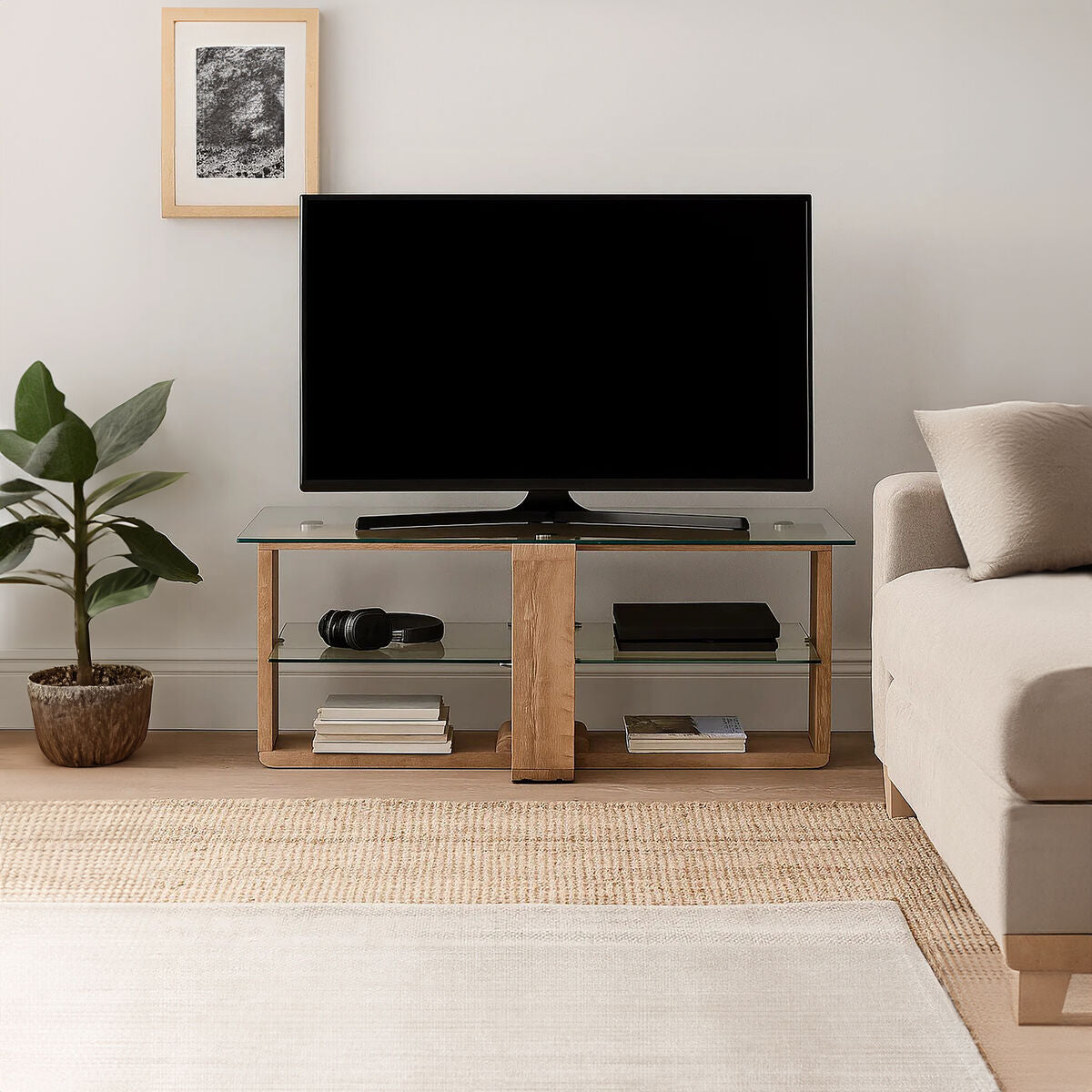 Barton Clear Glass 2 Tier Media Unit with Wood Effect Legs