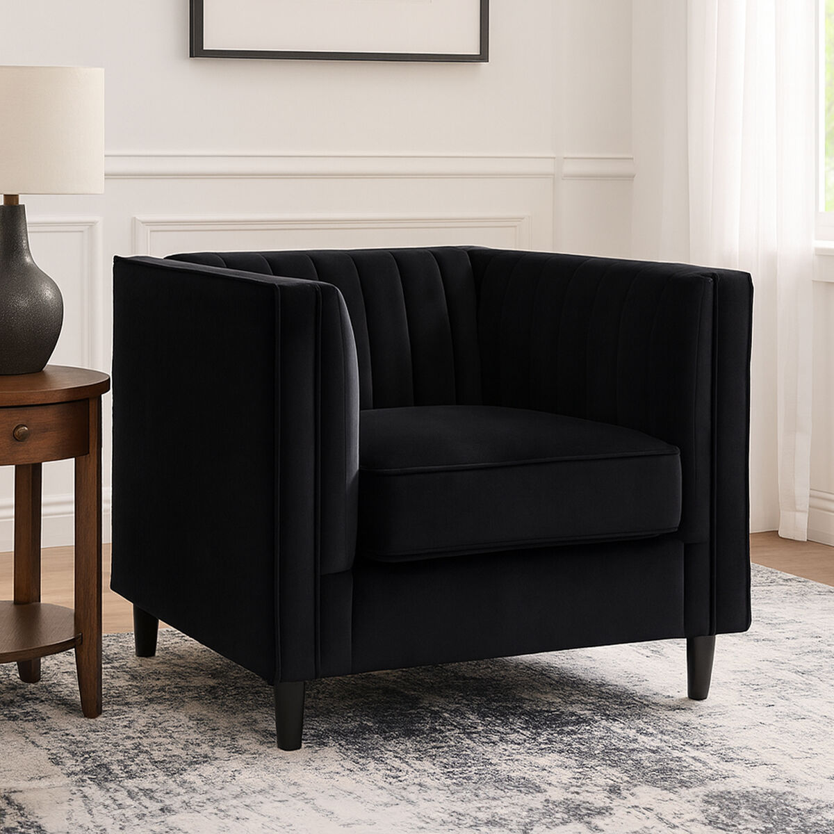 Farah Black Velvet Chair with Pleated Detail