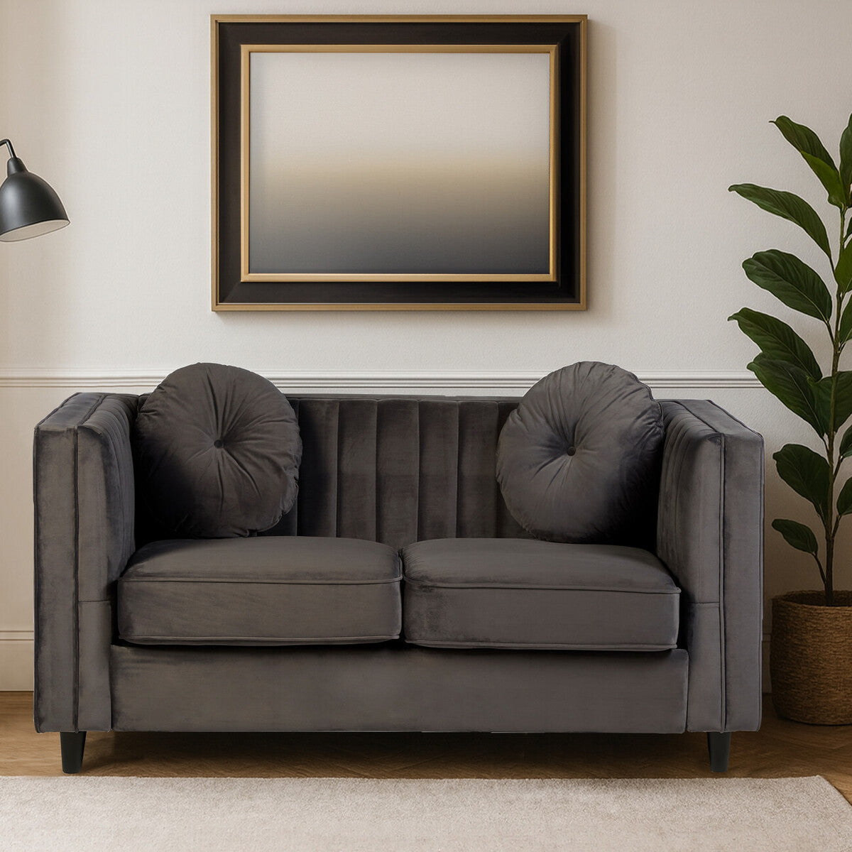 Farah Grey Velvet 2 Seater Sofa with Pleated Detail