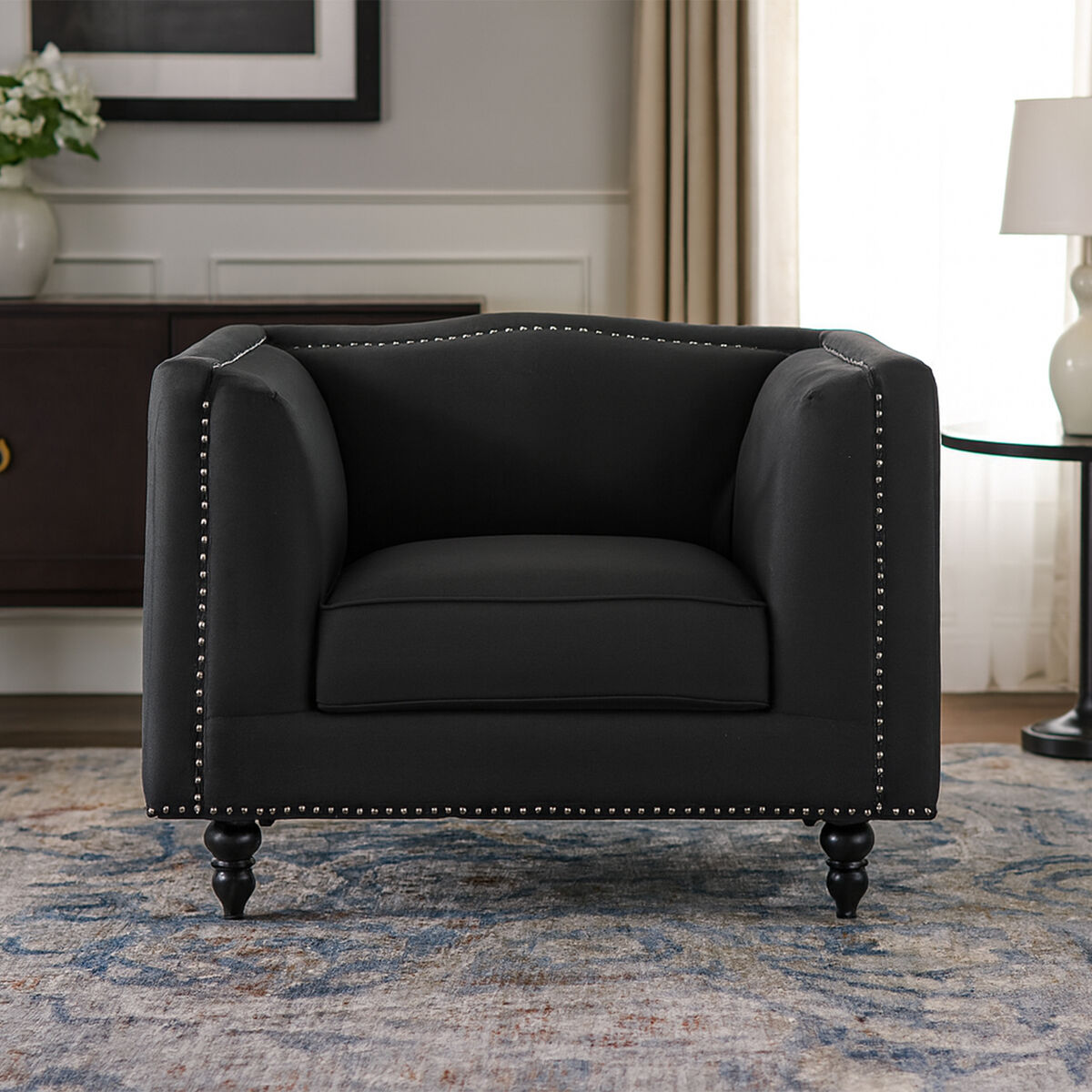 Feya Black Fabric Armchair with Stud Detail