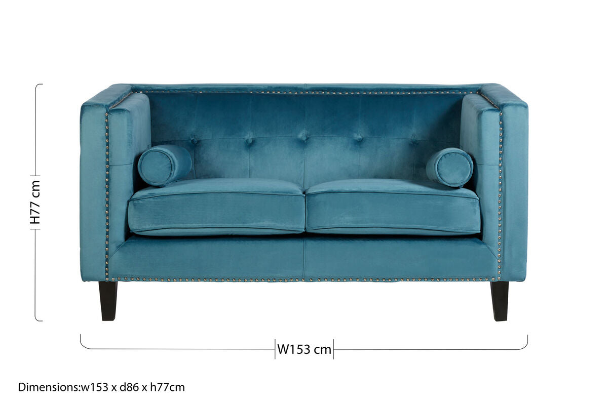 Felisa Teal Blue Velvet 2 Seater Sofa with Stud Detail