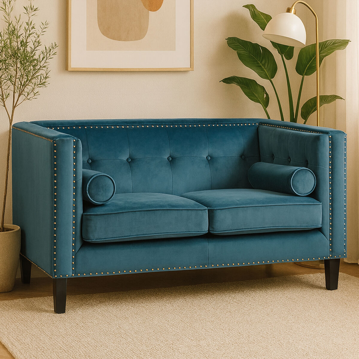 Felisa Teal Blue Velvet 2 Seater Sofa with Stud Detail