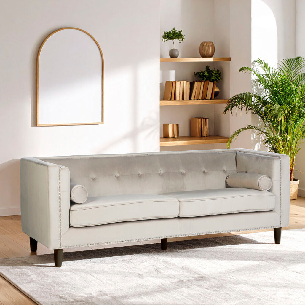 Felisa Mink Velvet 3 Seater Sofa with Stud Detail