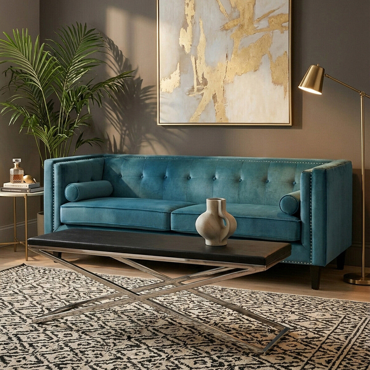 Felisa Teal Blue Velvet 3 Seater Sofa