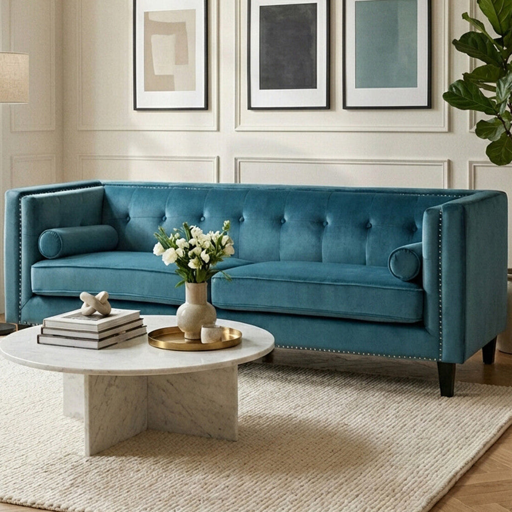 Felisa Teal Blue Velvet 3 Seater Sofa