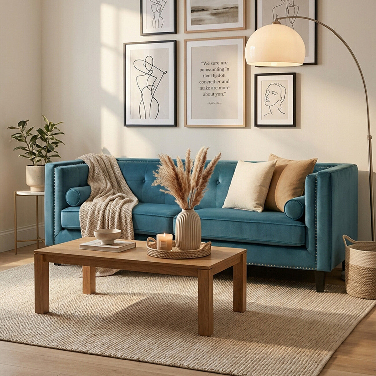 Felisa Teal Blue Velvet 3 Seater Sofa