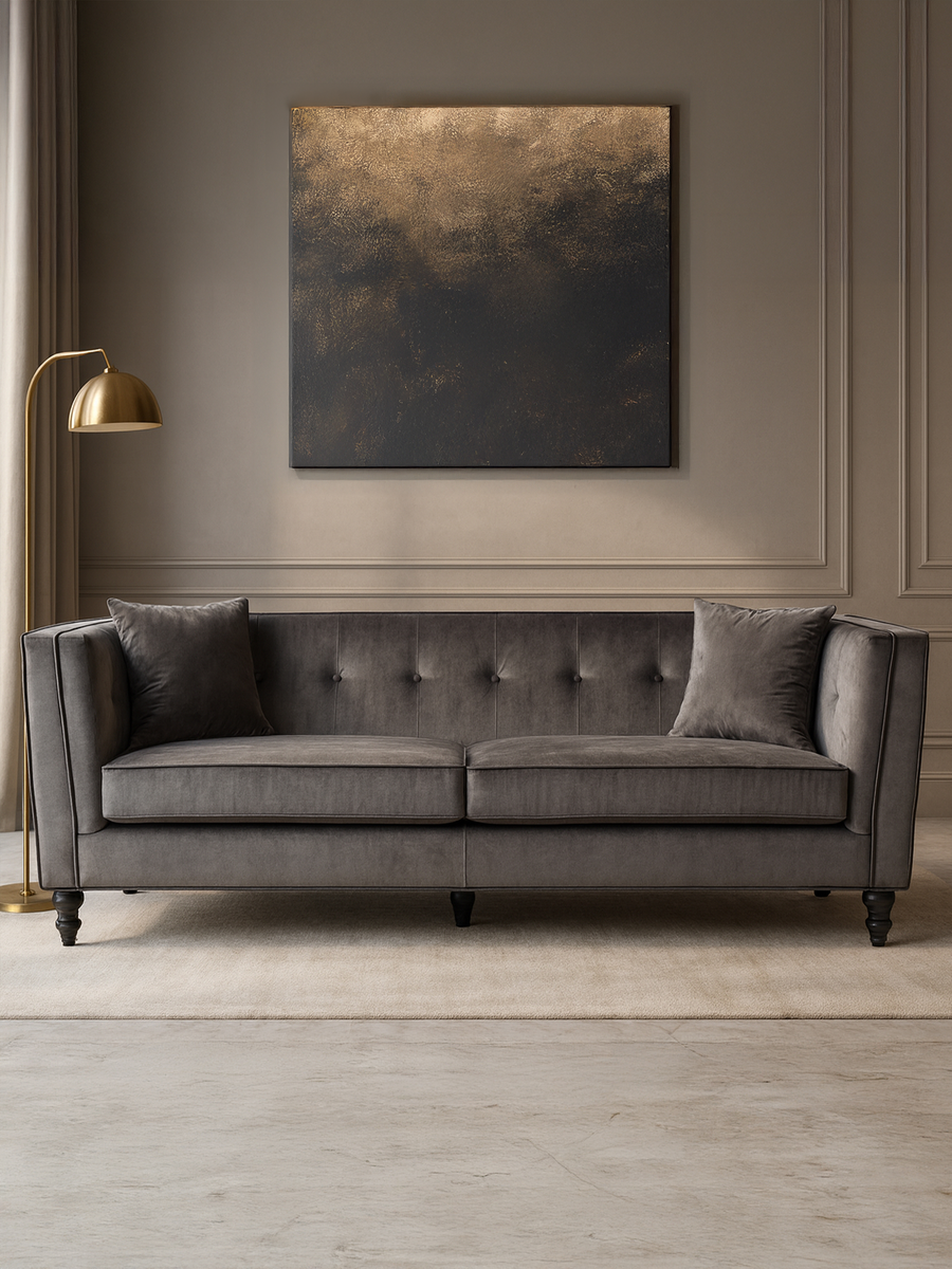 Ferris Grey Velvet Button Tufted 3 Seater Sofa