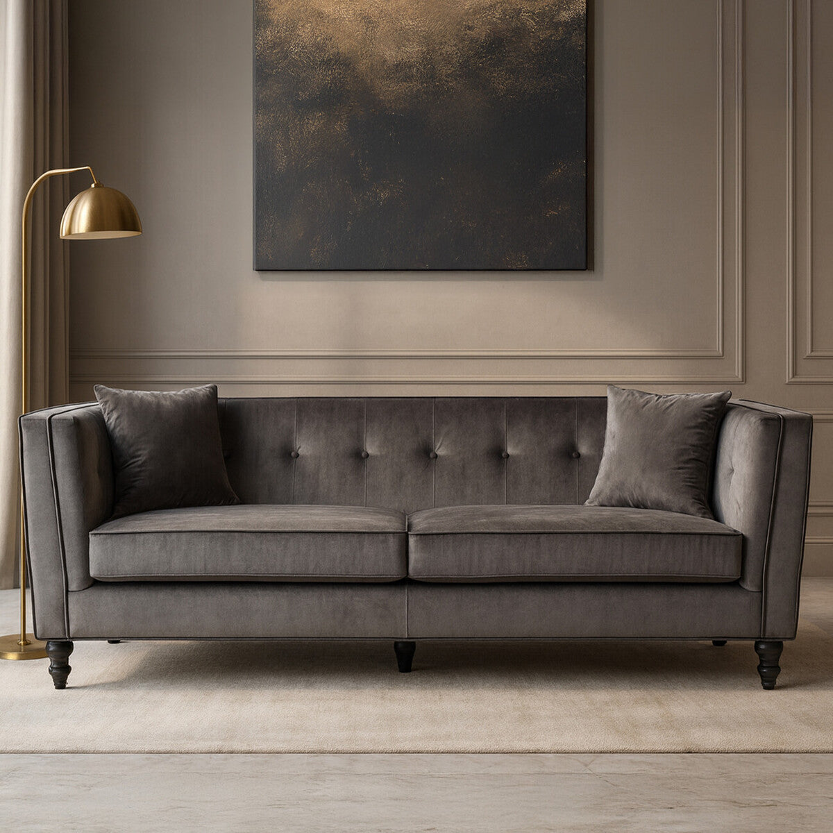 Ferris Grey Velvet Button Tufted 3 Seater Sofa