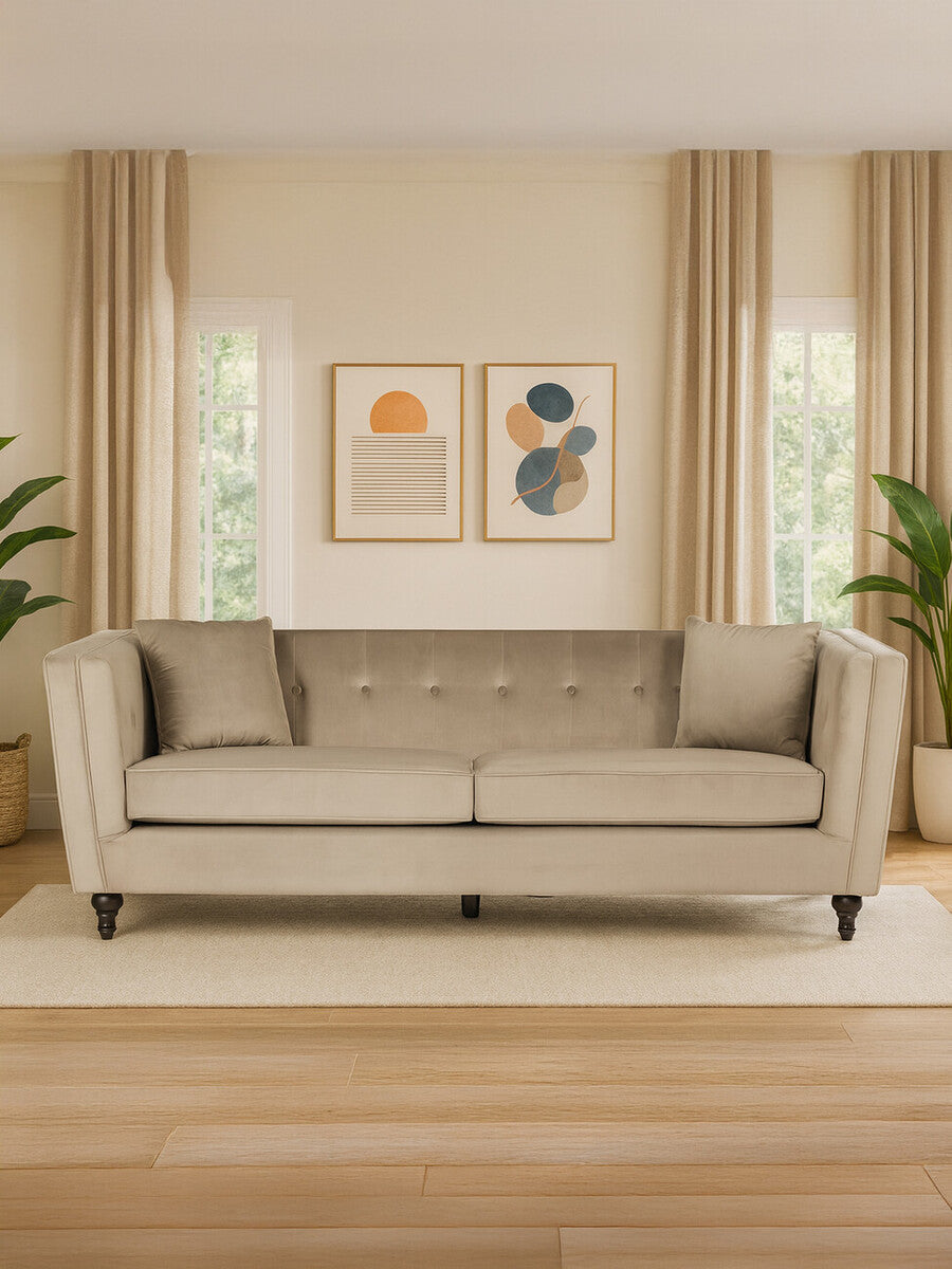 Ferris Mink Velvet Button Tuffted 3 Seater Sofa
