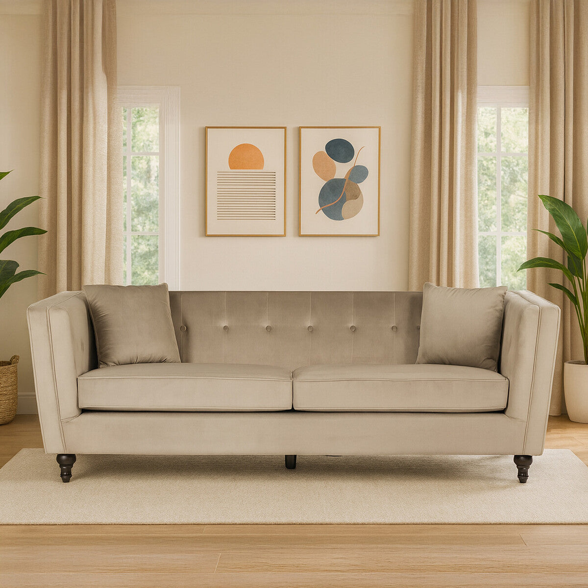 Ferris Mink Velvet Button Tuffted 3 Seater Sofa