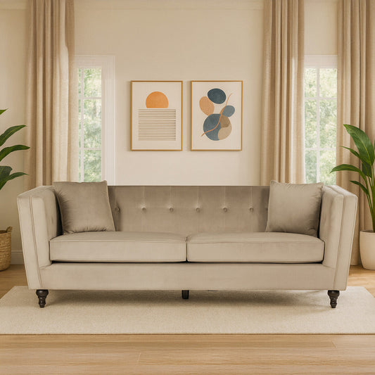 Ferris Mink Velvet Button Tuffted 3 Seater Sofa